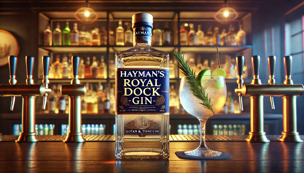 Пляшка Hayman’s Royal Dock Gin поруч з коктейлем Gin & Tonic, прикрашеним розмарином та лаймом.